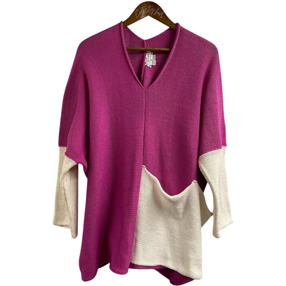 John Schultz Pink V Neck Sweater Knit OS 100% Cotton USA Vintage Fiberart